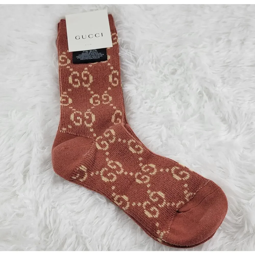 Gucci Crew Socks Unisex GG Logo Metallic 100% Authentic Red Beige Luxury New